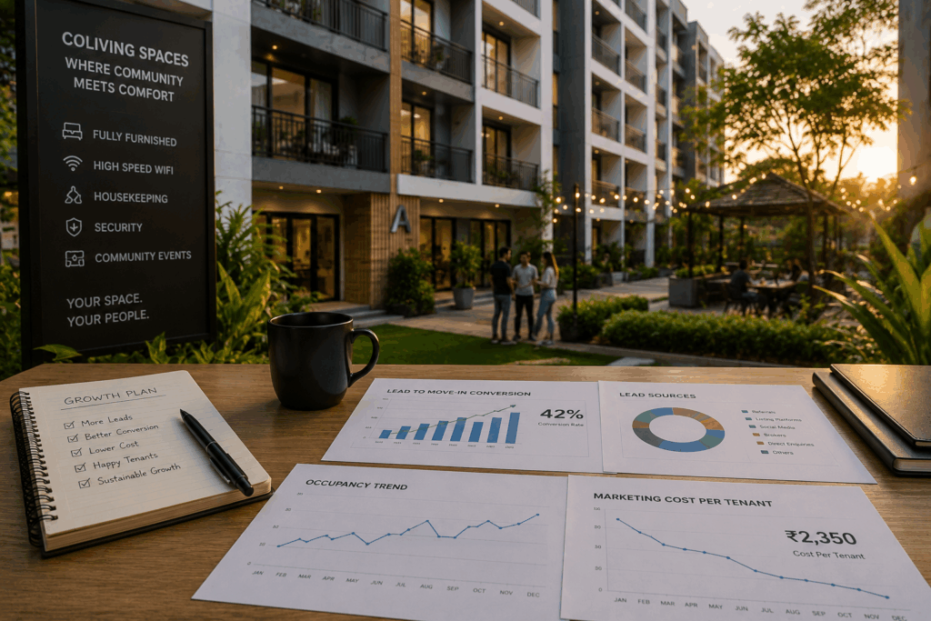 Occupancy, Why Occupancy Alone Doesn’t Explain Rental Success, Rentok Sustainable rental growth measured through lead conversion, occupancy trends, marketing costs, and tenant acquisition KPIs in a modern co-living property.