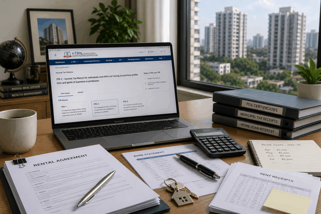 NRI filing ITR in India with income tax e-filing, rental property documents, TDS records, and rent income paperwork.