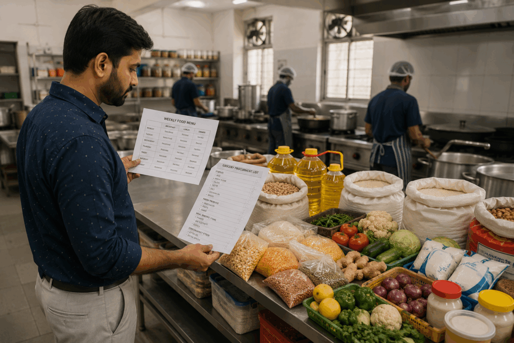 PG mess weekly food menu and grocery planning with a property manager organizing ingredients for meals in a commercial kitchen.