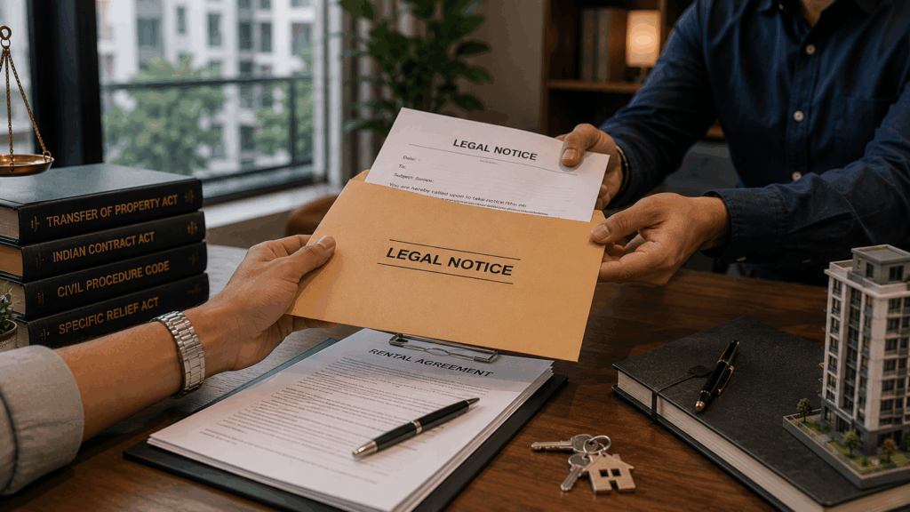 Legal notice for a rental dispute in India with a rental agreement, property records, and tenancy documents.