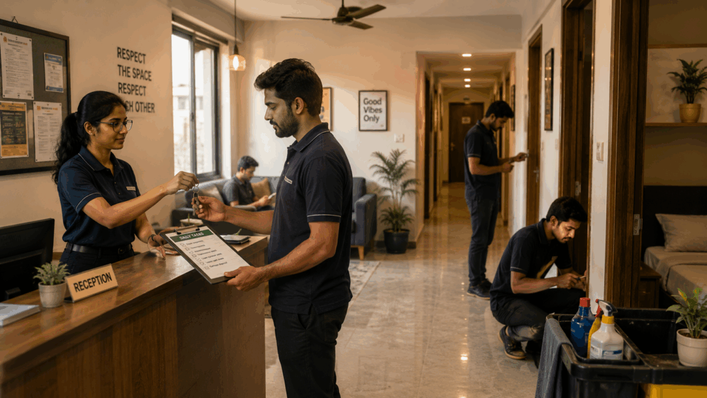 Manage a PG Without Being On-Site, How to Manage a PG Without Being On-Site Every Day, Rentok Modern PG staff coordinating daily property management tasks, handing over keys and maintenance responsibilities in a well-managed co-living property.