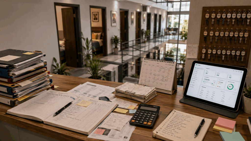 Excel to PG App, 10 Signs It’s Time to Stop Using Excel and Switch to a PG App, Rentok Modern PG management desk with manual property records and digital PG management app dashboard, illustrating the shift from Excel to property management software.