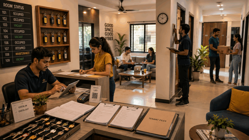 Manage a PG Without Being On-Site, How to Manage a PG Without Being On-Site Every Day, Rentok Modern PG reception with staff managing tenant check-ins, room occupancy, payments, maintenance tasks, and daily property operations.