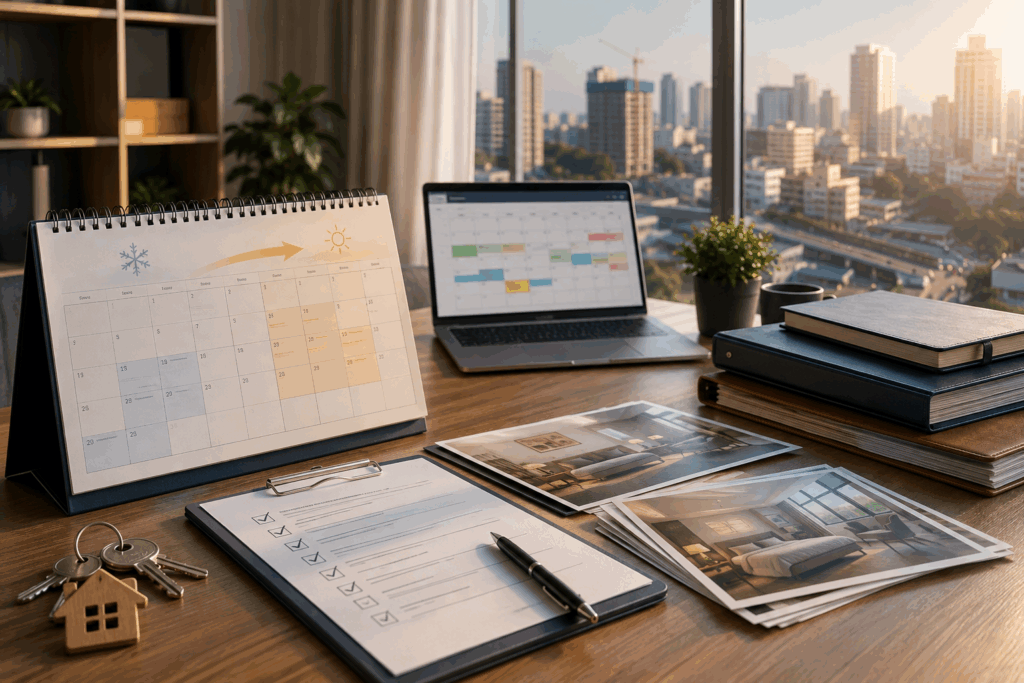 Increase PG Occupancy During Off-Season Months, How to Increase PG Occupancy During Off-Season Months, Rentok Modern property management workspace with seasonal planning calendar, occupancy schedule, property photos, and preparation checklist for managing PG occupancy.