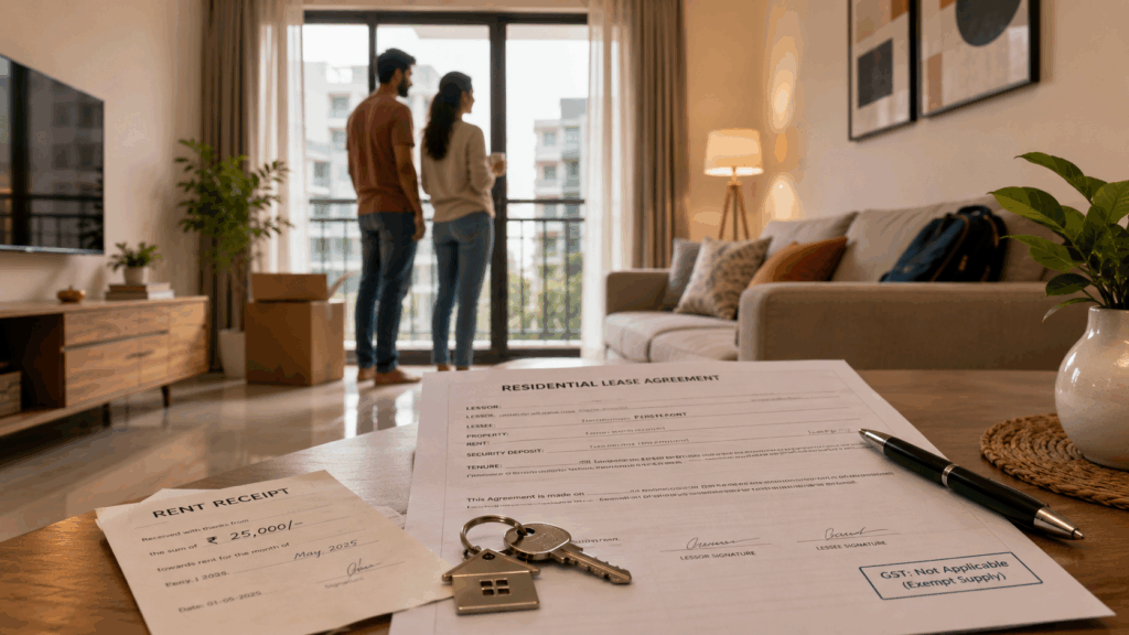 Modern Indian rental apartment with residential lease agreement, rent receipt, house keys, and tenant couple, illustrating GST exemption on residential rent.