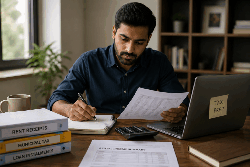 Calculate Rental Income Tax, How to Calculate Rental Income Tax in India (With Examples), Rentok Landlord organizing rental income records and tax documents for rental property tax filing