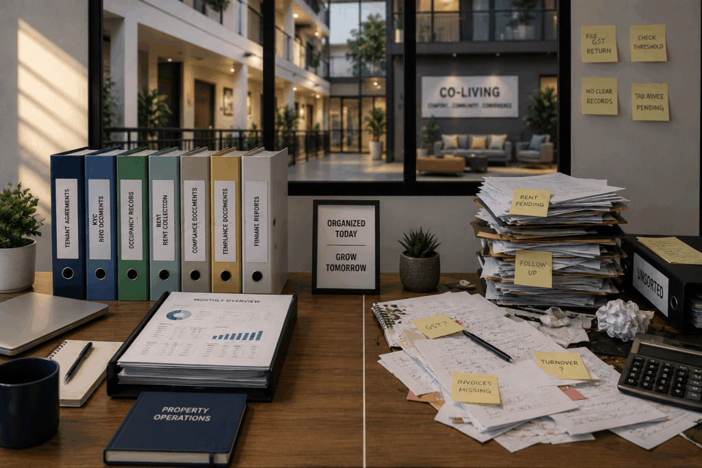 GST Registration, Do You Need GST Registration for Your PG Business? A Decision Tree, Rentok Organized vs disorganized property management workspace illustrating common GST compliance mistakes, financial records, and document management for PG owners in India.