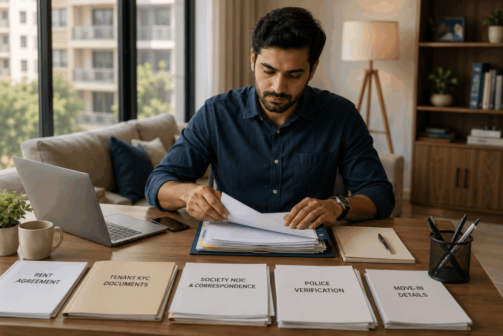 Society Permission, How to Get Society Permission Before Renting Out Your Flat, Rentok Flat owner organizing rental agreement, tenant KYC, society NOC, verification, and move-in documents before renting out an apartment.
