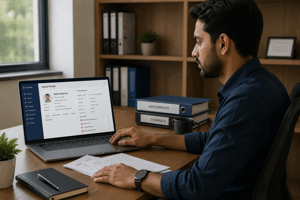 E-Stamping, What is E-Stamping for Rent Agreements and Is It Legally Valid?, Rentok Property manager organizing tenant records and e-stamped rent agreement documents on a digital property management dashboard.
