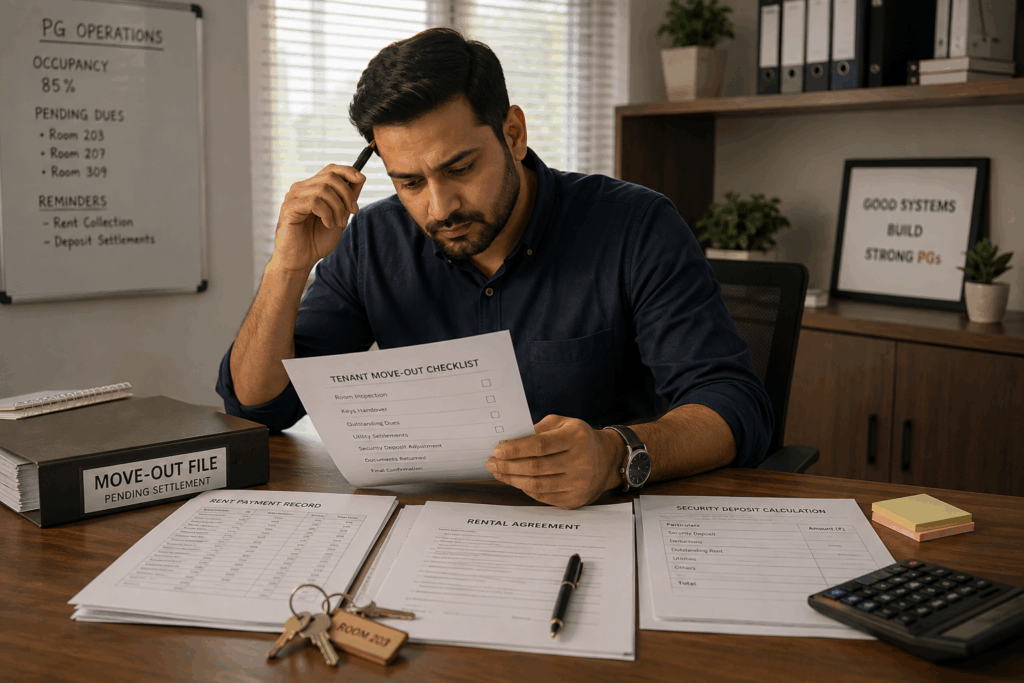 Recover Rent, How to Recover Rent from a Tenant Who Has Already Vacated, Rentok Indian PG owner reviewing tenant move-out documents and rent records to recover unpaid rent after tenant vacates the property.
