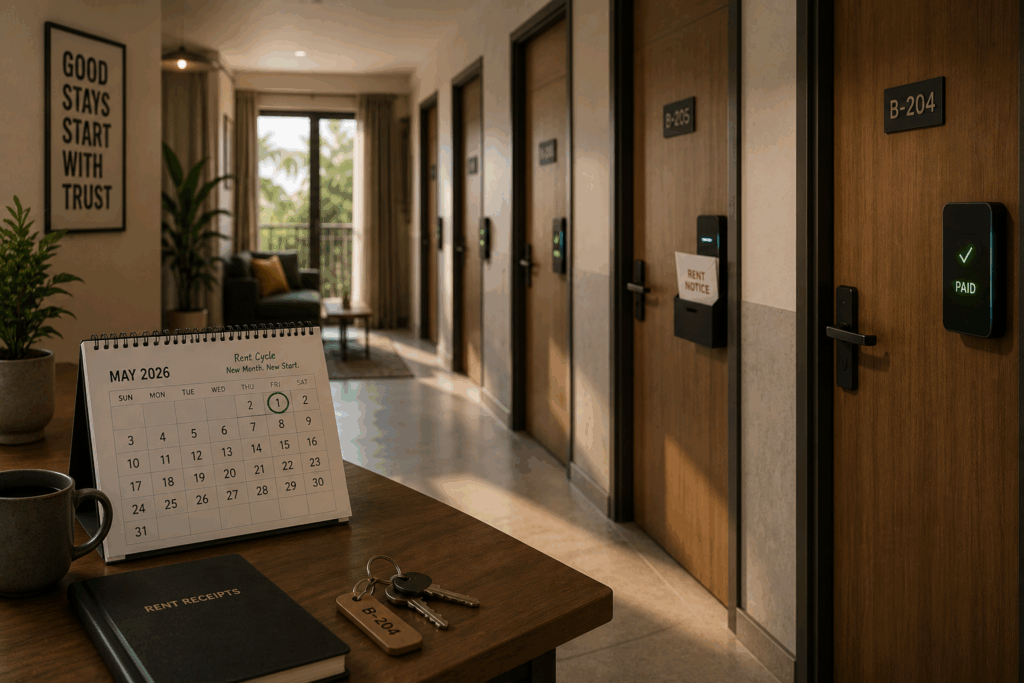 Modern PG corridor showcasing automated rent collection with rent reminders, payment status, and organized rental management.