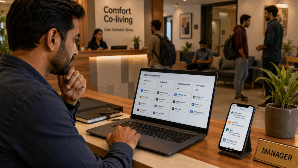 High-Growth PGs Maintain Occupancy, How High-Growth PGs Maintain Occupancy Year-Round, Rentok PG manager tracking tenant leads and bookings on a property management dashboard for occupancy growth.