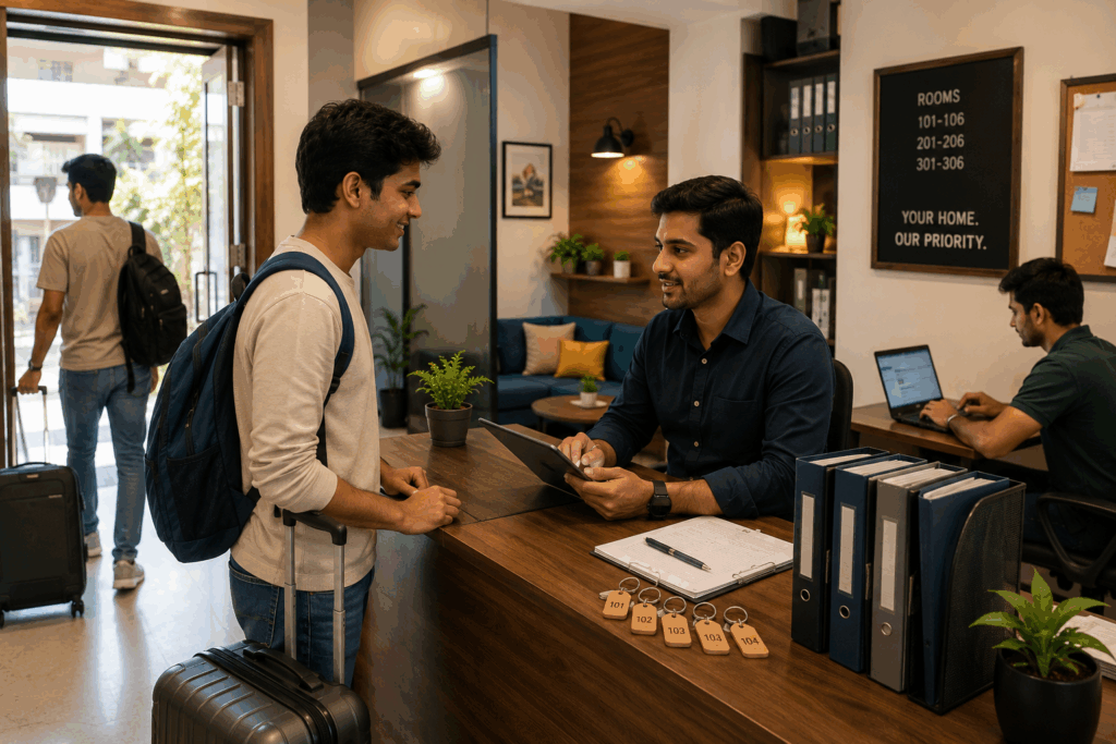Pune Police Crackdown, Pune Police Crackdown: What PG Owners Need to Know, Rentok PG manager digitally onboarding a new tenant while updating rental property records and room occupancy details.
