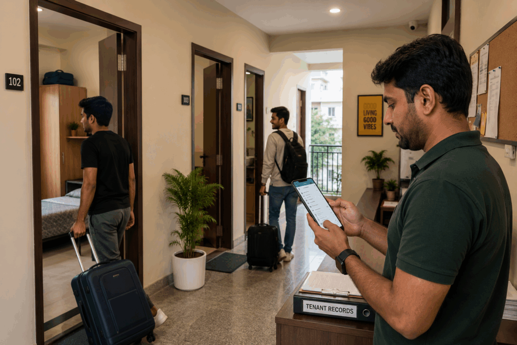 Pune Police Crackdown, Pune Police Crackdown: What PG Owners Need to Know, Rentok PG manager updating digital tenant records while tenants move in and out of rooms in a rental property