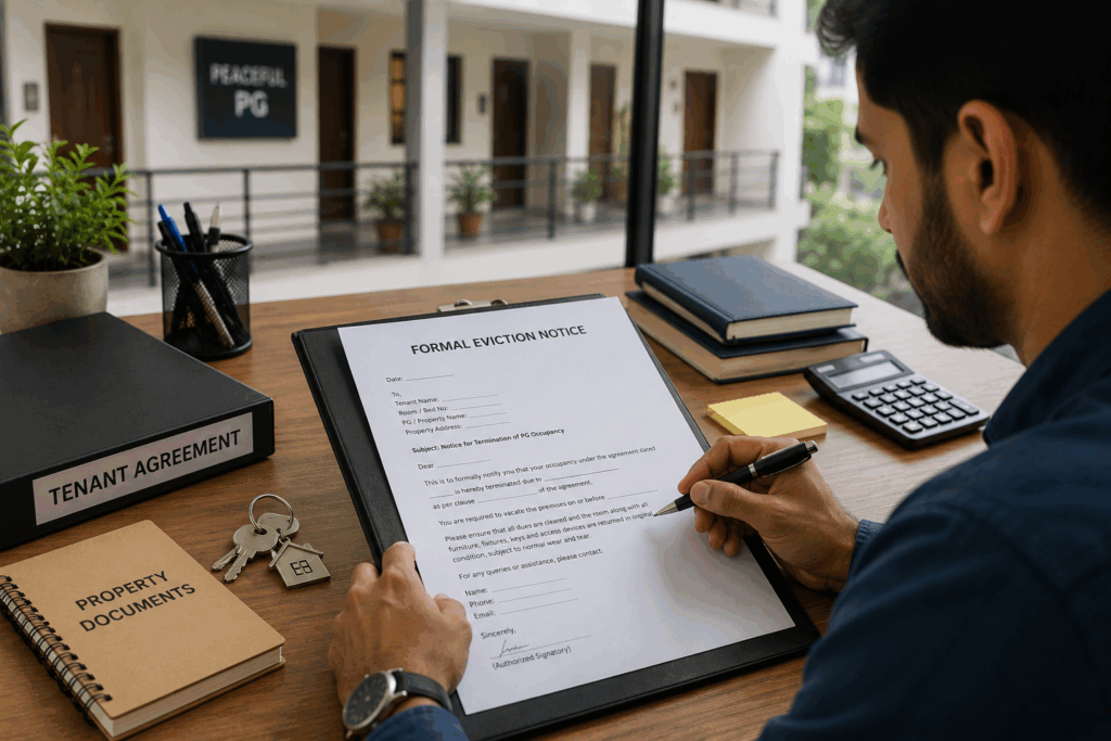 Formal Eviction Notice, How to Write a Formal Eviction Notice for a PG Tenant in India, Rentok PG property manager preparing a formal eviction notice with tenant agreement and property documents on a desk.