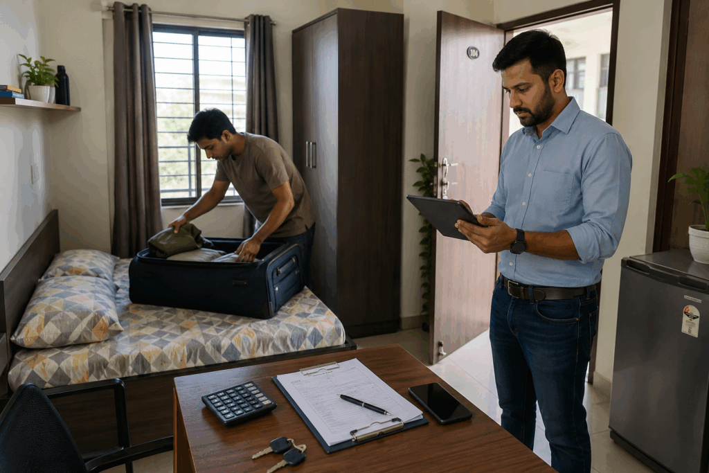 Formal Eviction Notice, How to Write a Formal Eviction Notice for a PG Tenant in India, Rentok PG tenant move-out inspection with property manager checking room condition, keys, dues, and security deposit settlement.