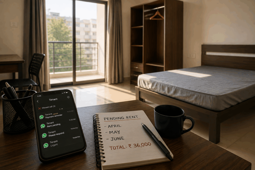 Recover Rent, How to Recover Rent from a Tenant Who Has Already Vacated, Rentok Empty rental room with unpaid rent records and missed tenant messages, representing the challenge of recovering unpaid rent after a tenant has vacated.