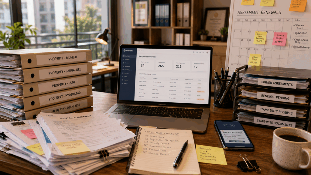 Stamp Duty, What Stamp Duty Applies to Your Rent Agreement?, Rentok Property management workspace with rental agreements, stamp duty records, renewal documents, and digital tenant management dashboard for multi-property rental operations.
