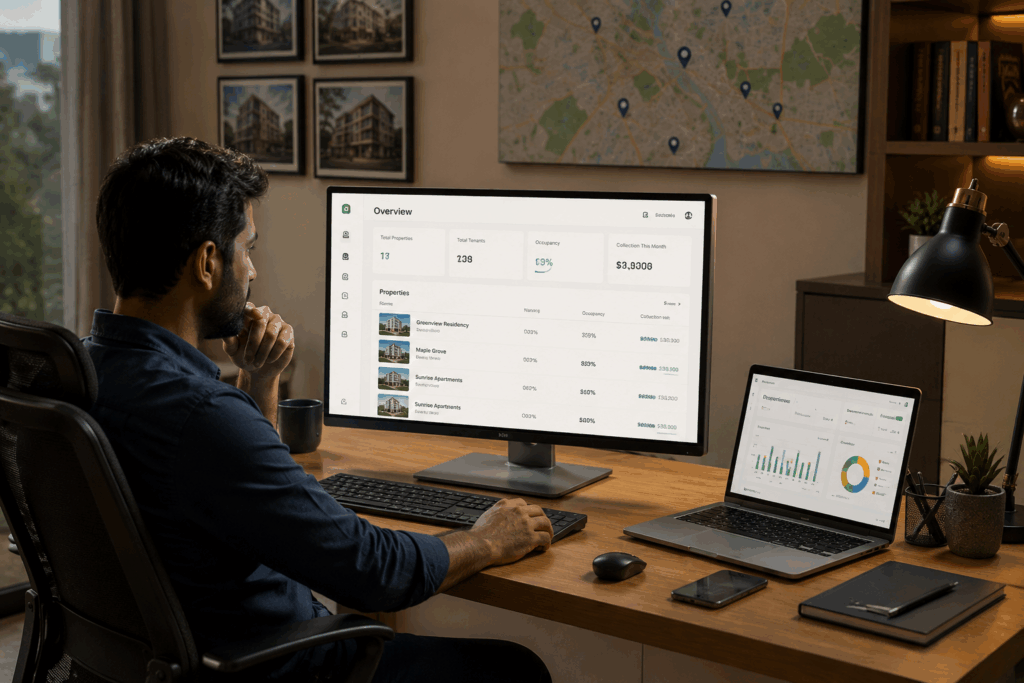 Modern property manager using a centralized property management dashboard to manage multiple rental properties without spreadsheets.
