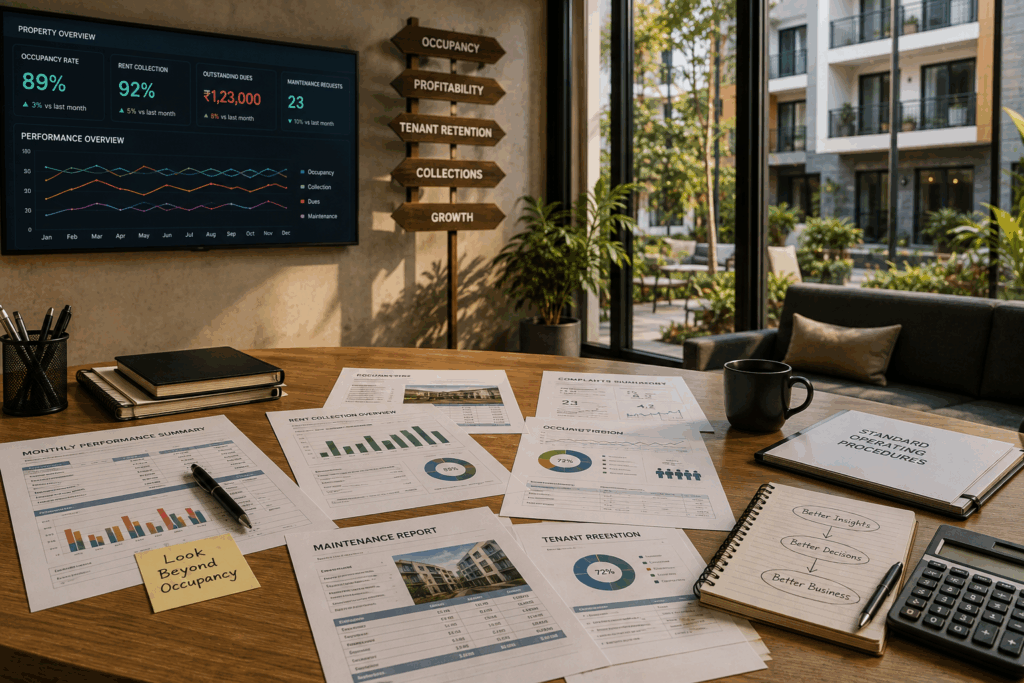 Occupancy, Why Occupancy Alone Doesn’t Explain Rental Success, Rentok Rental business performance reports showing occupancy rate, tenant retention, rent collection, and other rental KPIs used to measure long-term growth.