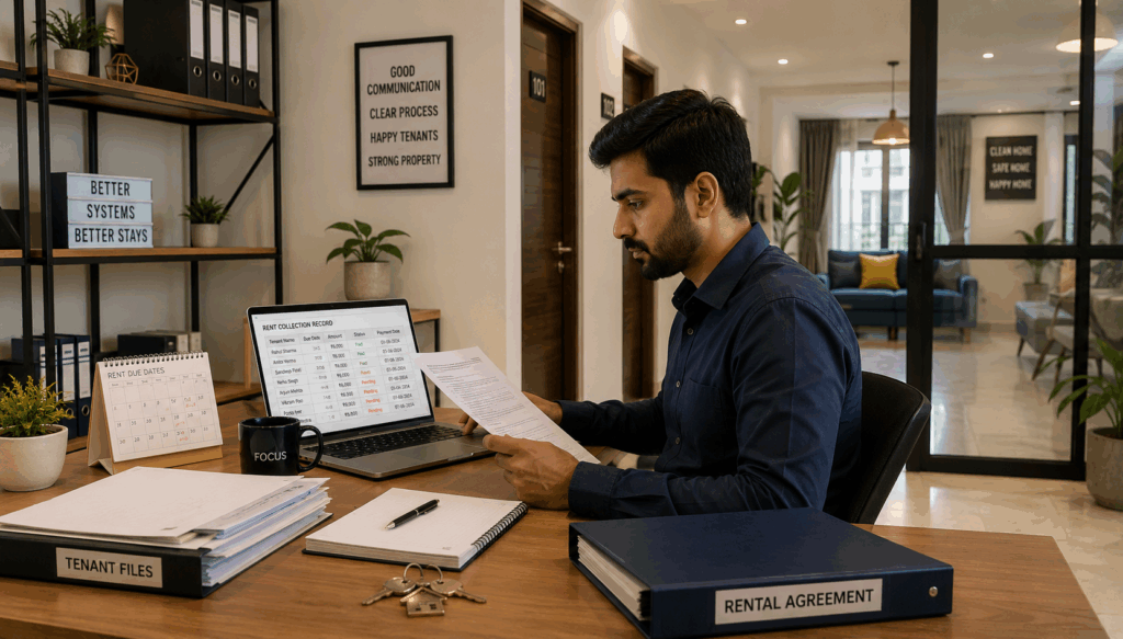 Legally Evict a Non-Paying Tenant, How to Legally Evict a Non-Paying Tenant in India, Rentok Property manager organizing tenant records, rent payments, and rental agreements in a modern property management office to prevent rental disputes