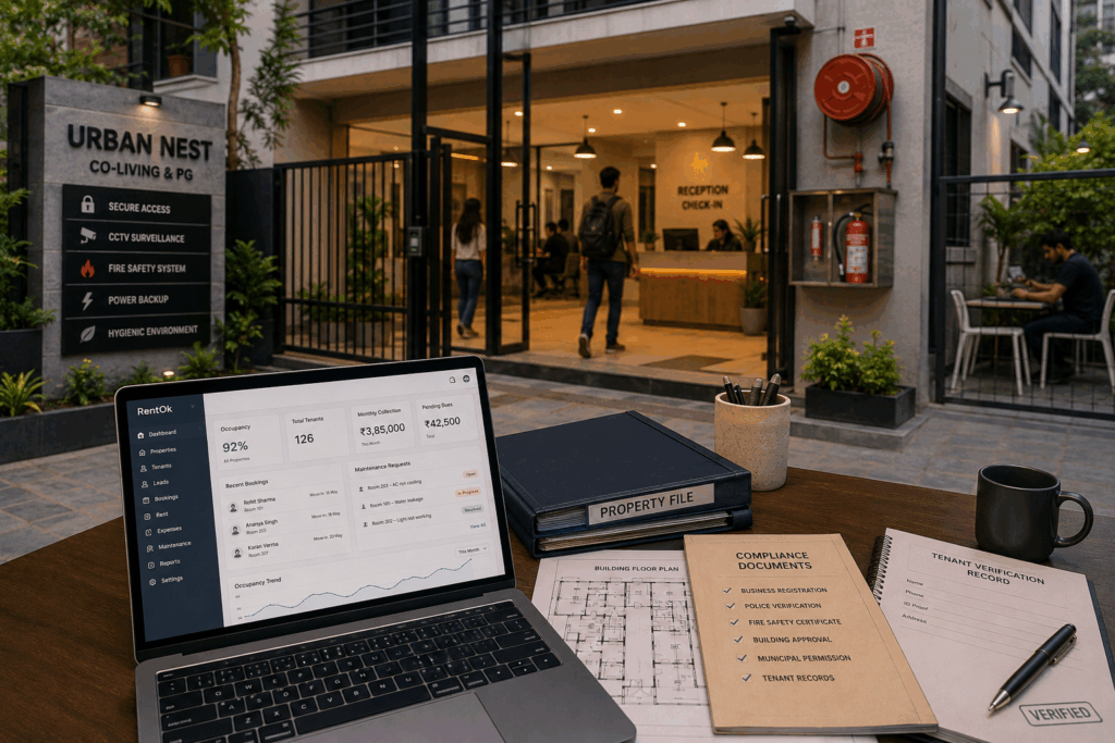 Modern PG building with property compliance documents, fire safety, building approval, tenant verification, and property management setup in India.