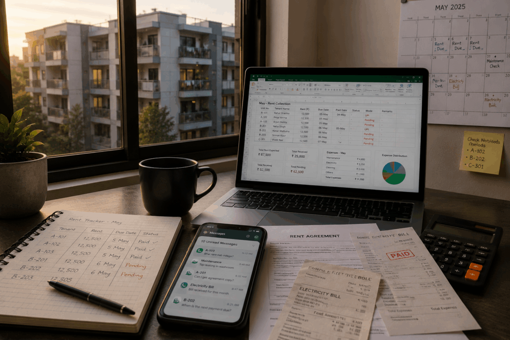 Small landlord managing rental property manually with Excel, rent tracking, tenant messages, expenses, and maintenance records