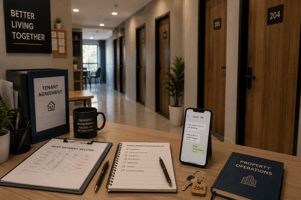 Formal Eviction Notice, How to Write a Formal Eviction Notice for a PG Tenant in India, Rentok PG tenant eviction notice process showing property management records, rent payment history, tenant agreement, and room inspection checklist in a modern co-living property.
