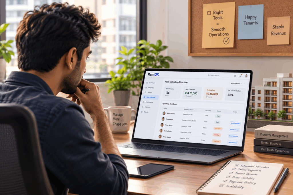 Collect Rent on Time, How Property Management Software Helps You Collect Rent on Time, Rentok Property manager using property management software to track rent collection, automated reminders, online payments, tenant records, and outstanding dues.