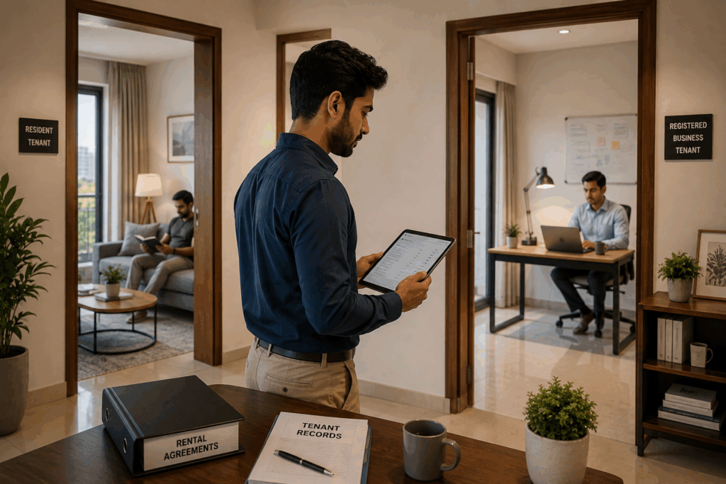 Property manager reviewing rental agreements and tenant records for residential and business tenants in a modern Indian apartment.