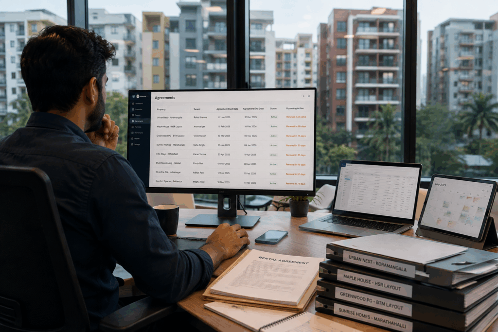 Legally Valid Rent Agreement, How to Create a Legally Valid Rent Agreement in India, Rentok Property manager managing rental agreements and tenant records across multiple properties using a digital property management system.