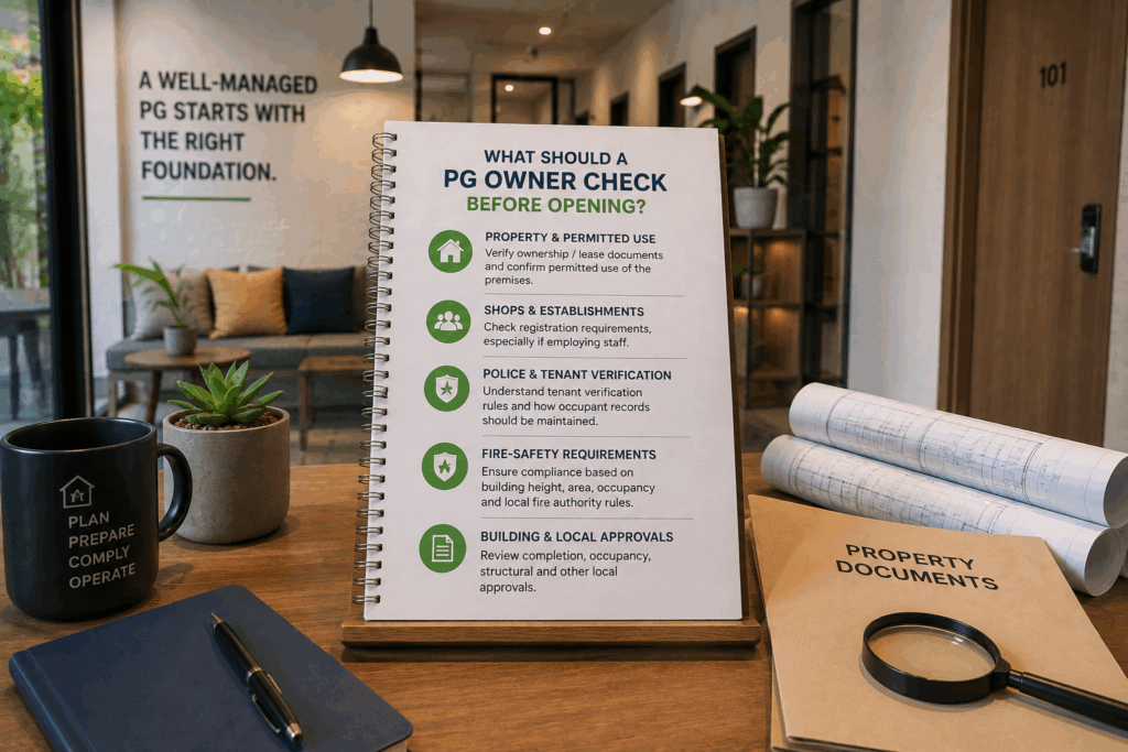 PG opening compliance checklist showing property documents, permitted use, Shops & Establishments registration, tenant verification, fire safety, and building approvals.