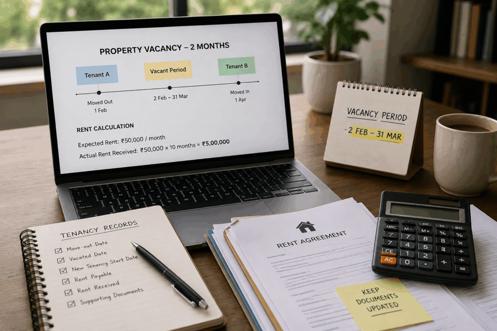 Calculate Rental Income Tax, How to Calculate Rental Income Tax in India (With Examples), Rentok Property vacancy and rental income calculation records for a landlord during a two-month vacancy period.
