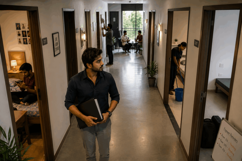 Revenue Leaks, What Revenue Leaks Look Like in Rental Businesses, Rentok Property manager reviewing rental operations while occupied and vacant rooms highlight small revenue gaps in a PG property.