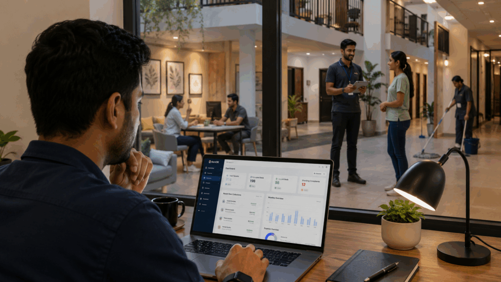 Manage a PG Without Being On-Site, How to Manage a PG Without Being On-Site Every Day, Rentok Remote PG property management dashboard showing an owner monitoring tenant, rent, occupancy, complaints, and expenses while staff manage daily operations at a modern co-living property.