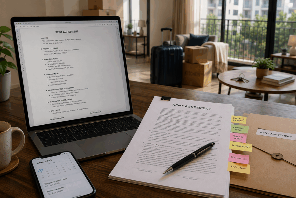 Legally Valid Rent Agreement, How to Create a Legally Valid Rent Agreement in India, Rentok Drafting a legally valid rent agreement with tenant details, rent terms, tenancy duration, responsibilities, and termination conditions.