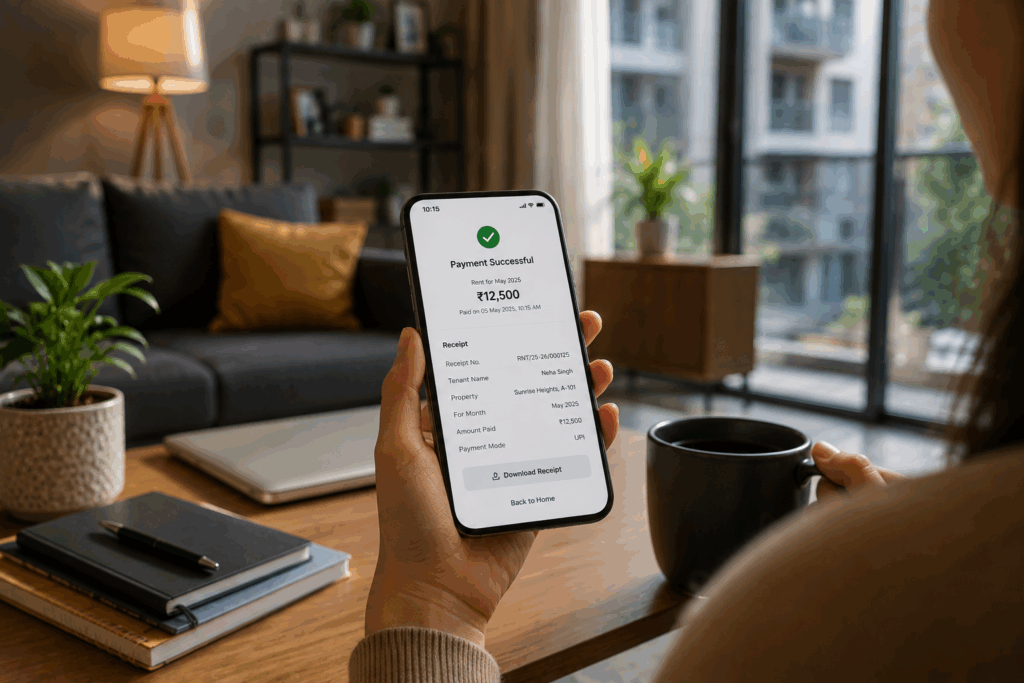 Collect Rent on Time, How Property Management Software Helps You Collect Rent on Time, Rentok Digital rent receipt and payment confirmation on a smartphone, showing online rent payment and tenant transaction records.