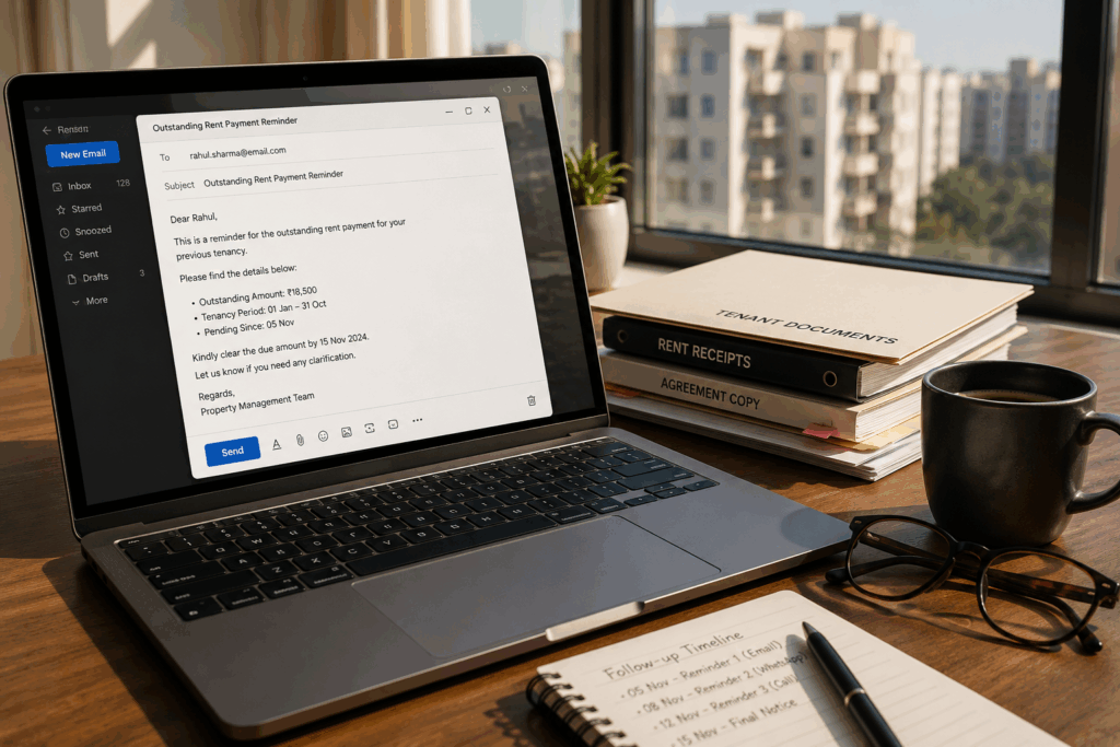 Recover Rent, How to Recover Rent from a Tenant Who Has Already Vacated, Rentok Property manager sending a professional payment reminder email to recover rent from a tenant who has already vacated the rental property.
