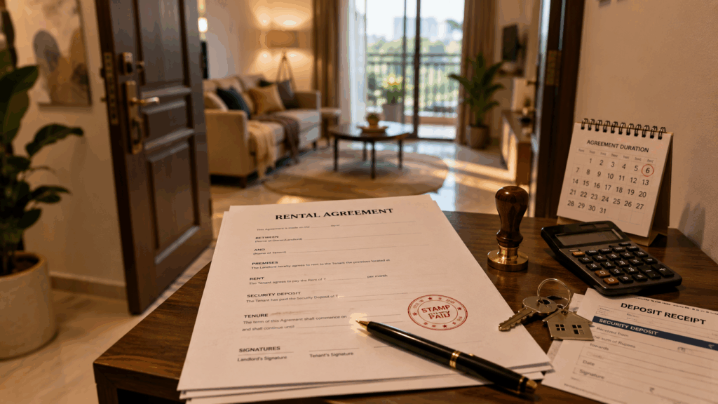 Stamp Duty, What Stamp Duty Applies to Your Rent Agreement?, Rentok Indian rent agreement with stamp duty, security deposit, rental tenure and e-stamp documentation in a modern rental property setting.