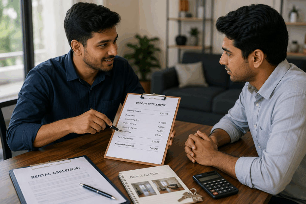 Security Deposits Are Not Rental Income, Why Security Deposits Are Not Rental Income (And the Tax Rules That Apply), Rentok Landlord and tenant reviewing a security deposit settlement, rental agreement, deductions, and refundable deposit amount