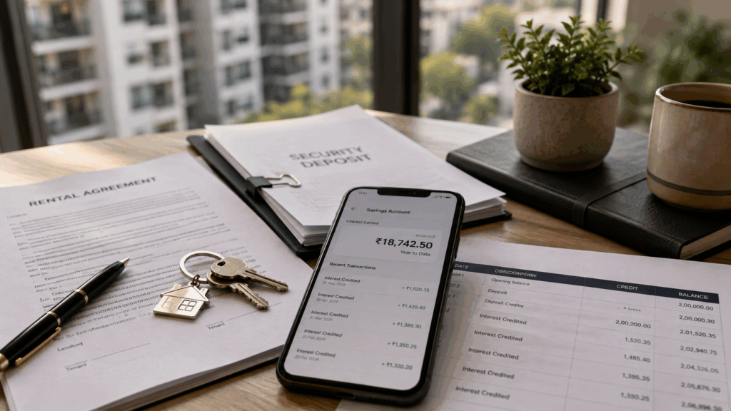 Security Deposits Are Not Rental Income, Why Security Deposits Are Not Rental Income (And the Tax Rules That Apply), Rentok Security deposit interest earned by landlord shown through rental agreement, bank statement, and interest-bearing account records.