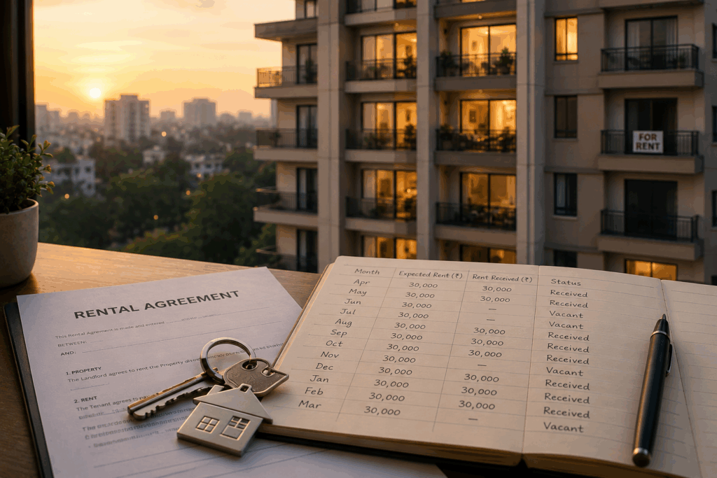 Calculate Rental Income Tax, How to Calculate Rental Income Tax in India (With Examples), Rentok Modern rental property with rental agreement, keys, and rent ledger showing expected and received rent, illustrating rental income and vacancy in India.