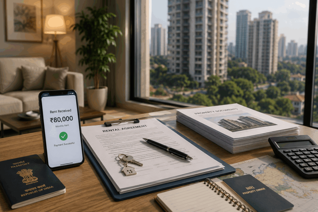 NRI rental income tax in India with property documents, rent payment records, and financial planning for an Indian rental property owned from abroad.