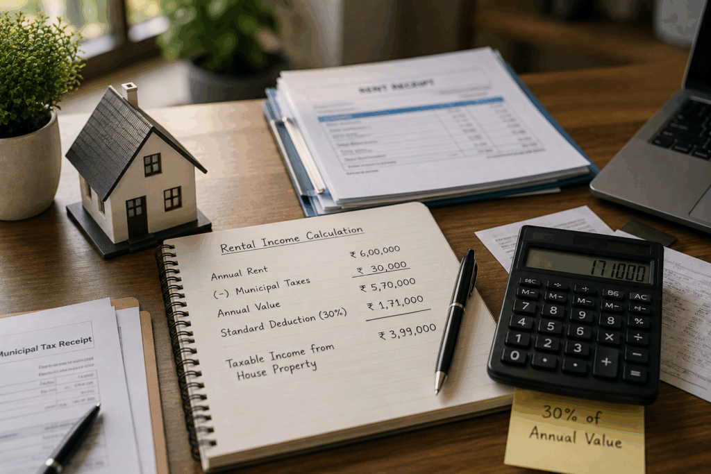 Deduction on Rental Income, How to Claim Standard Deduction on Rental Income (Section 24), Rentok Rental income calculation showing 30% standard deduction, municipal taxes, annual value, and taxable income from house property.