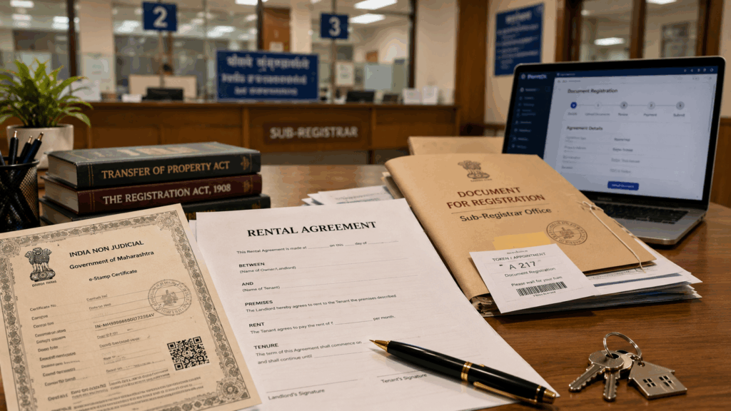 Stamp Duty, What Stamp Duty Applies to Your Rent Agreement?, Rentok Rental agreement with stamp duty certificate and registration documents at an Indian sub-registrar office, illustrating the difference between stamp duty and property registration.