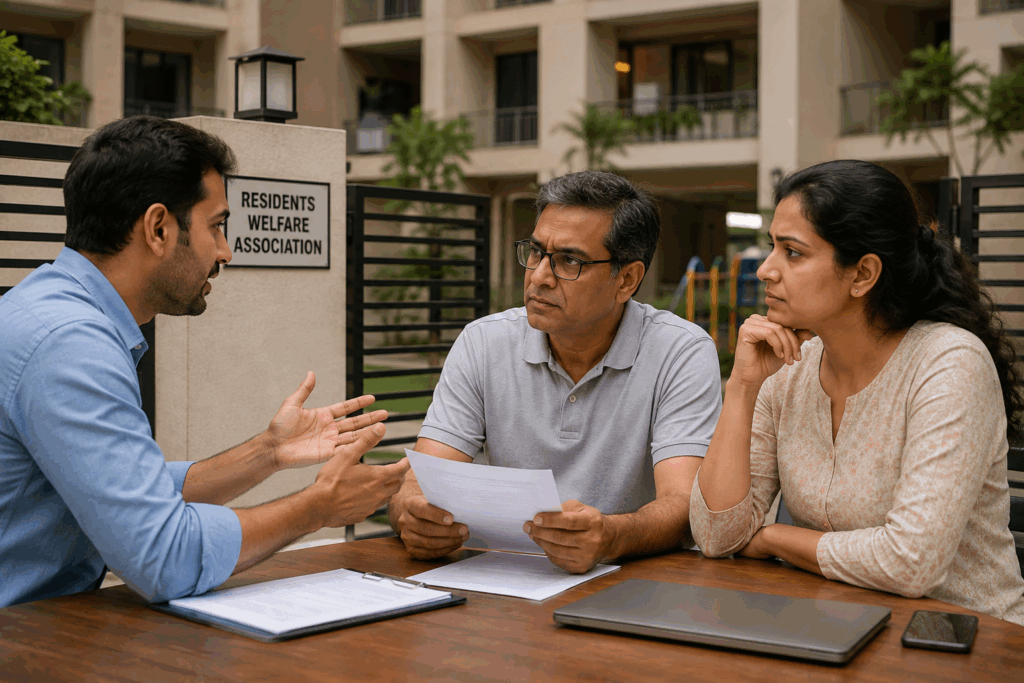 Society Permission, How to Get Society Permission Before Renting Out Your Flat, Rentok Housing society committee discussing rental permission and tenant documents with a flat owner before renting out an apartment.