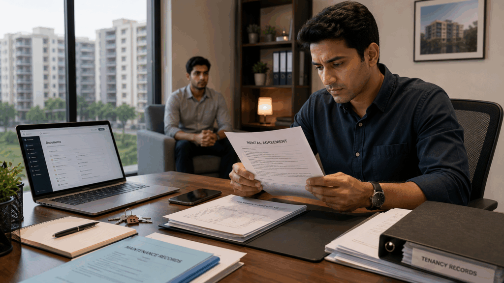 Landlord reviewing rental agreement, payment records, and tenancy documents while preparing for a rental dispute in India.