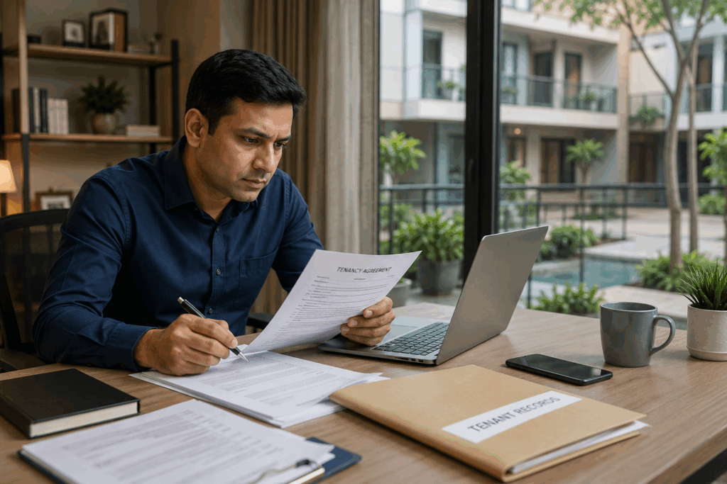 Model Tenancy Act, What is the Model Tenancy Act and How Does It Protect Landlords?, Rentok Indian landlord reviewing tenancy agreement and tenant records for rental property compliance.