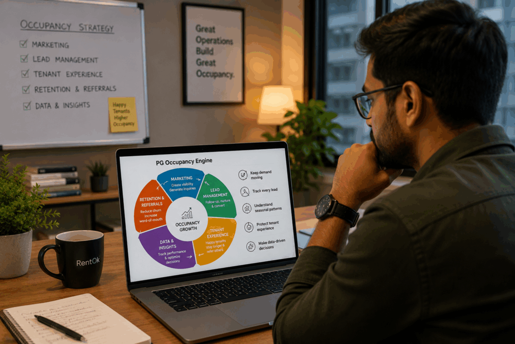 High-Growth PGs Maintain Occupancy, How High-Growth PGs Maintain Occupancy Year-Round, Rentok PG occupancy strategy showing marketing, lead management, tenant retention, referrals, and data-driven property operations.