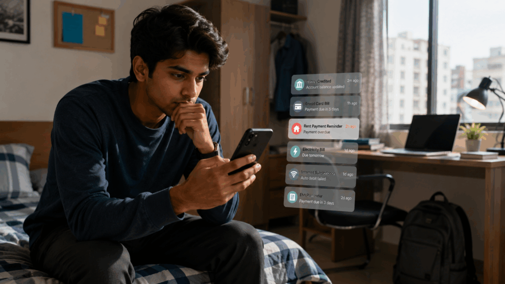 Tenants Who Pay Late, How to Deal with Tenants Who Pay Late Every Single Month, Rentok Young tenant in a modern PG room checking rent payment reminders and financial notifications on a smartphone, illustrating chronic late rent payments, recurring rent collection challenges, and UPI Autopay solutions for property management.